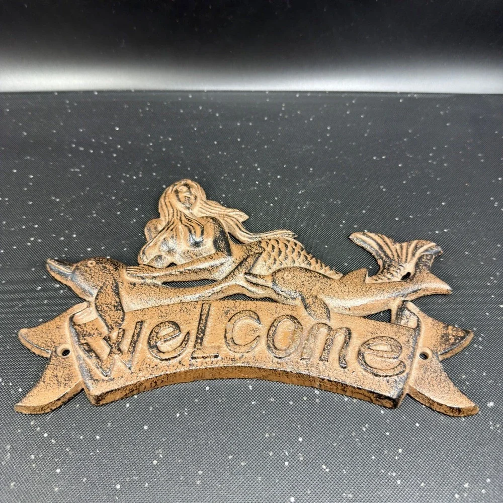 Cast Iron Mermaid‎ Welcome Sign Brown Nautical Dolphin Wall Plaque Coastal Decor